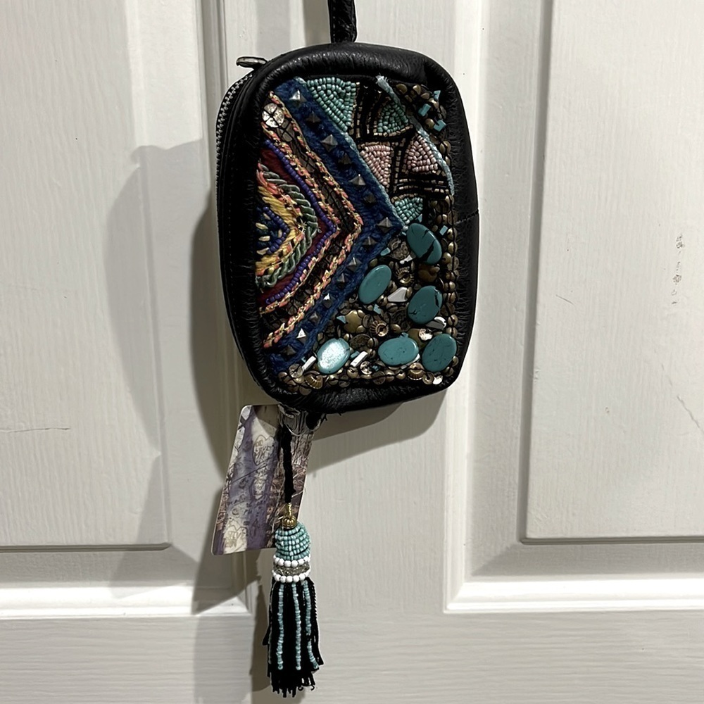 Ecote Beaded & Embroidered Faux Black Leather Crossbody Bag - NWT